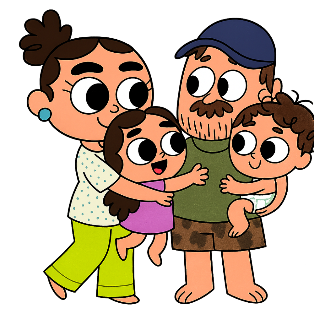 Cartoon family of four with a woman, man, and two children on a white background