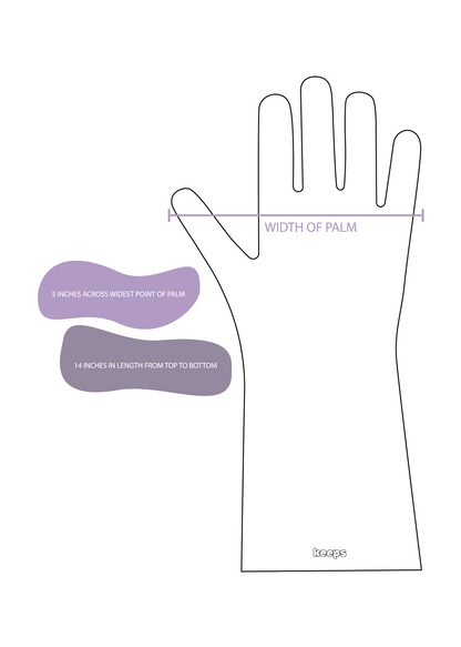 Measurement guide for gloves showing width of palm and dimensions on a white background