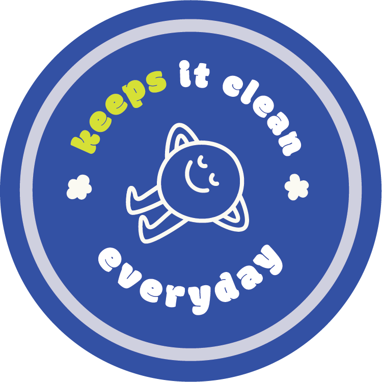 Circular logo with a cartoon character and text 'keeps it clean everyday' on a blue background
